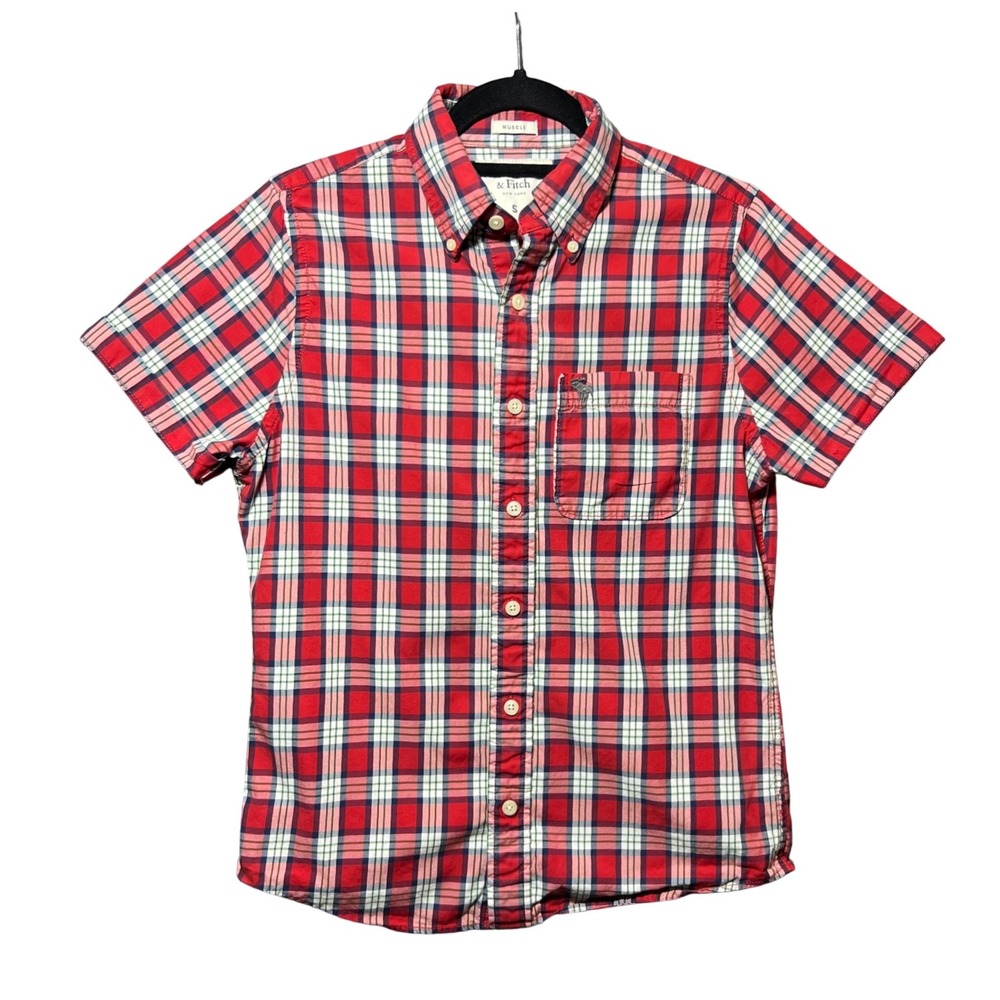 Abercrombie & Fitch Mens Small Muscle Fit Plaid Moose Short Sleeve Button Up Red
